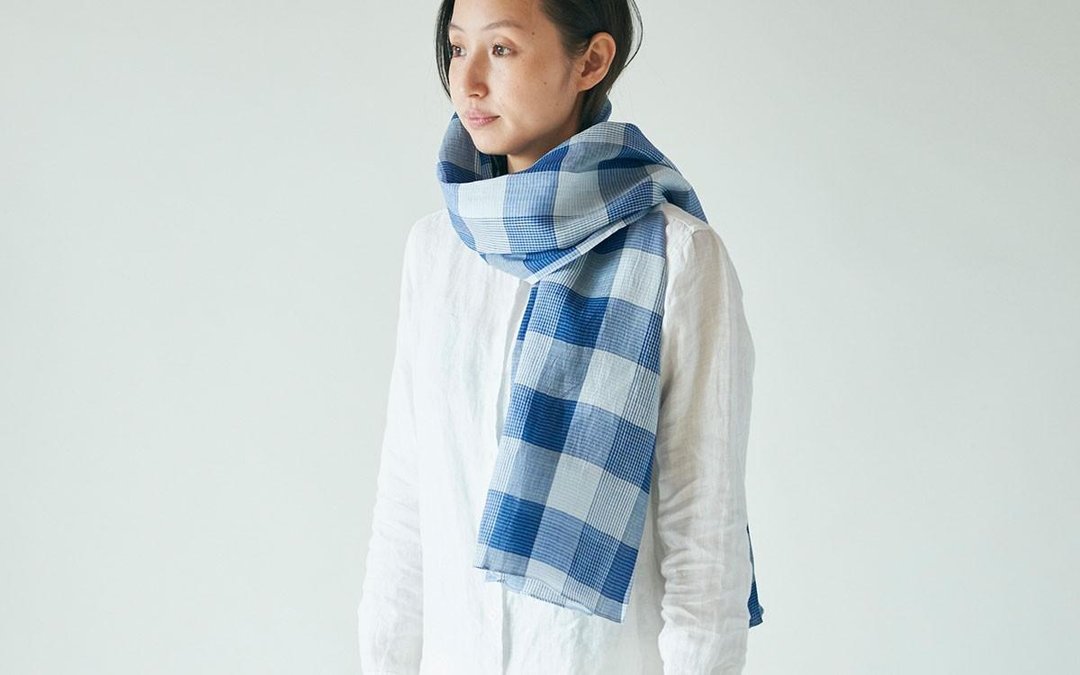 Lamy tinted dyed check stall blue × white - 丝巾 - 棉 蓝色