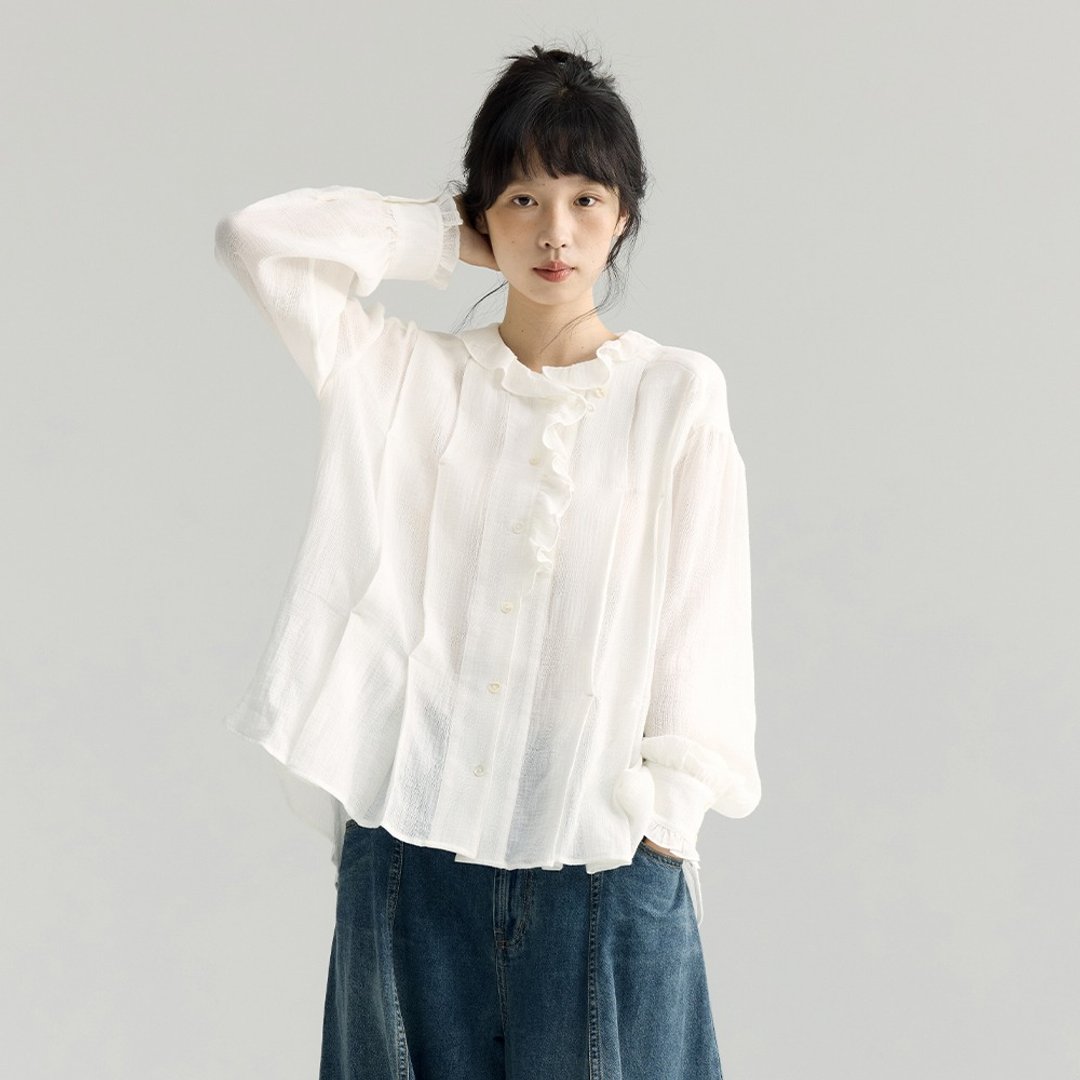 白色木耳花边衬衫|衬衫|秋款|Sora-1892 - 女装衬衫 - 棉 白色