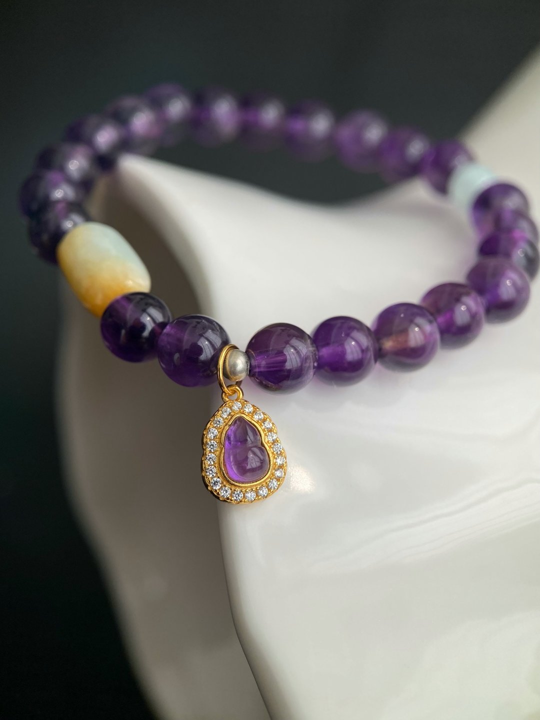 乌拉圭天然紫水晶+翡翠+紫水晶葫芦 浓郁紫7mm - 手链/手环 - 水晶 