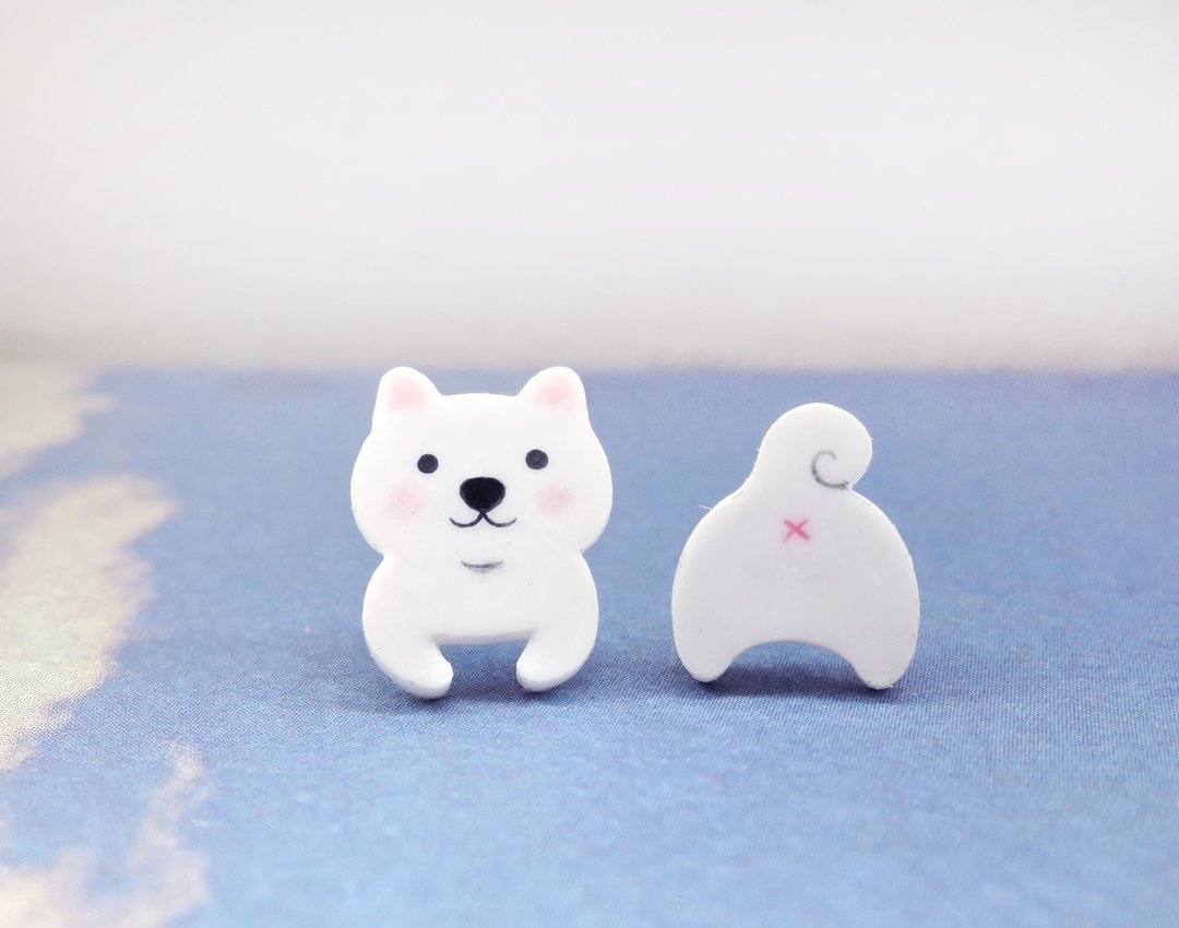 白泡泡幼咪咪 白柴犬手工耳环 抗敏耳针 无痛耳夹 - 耳环/耳夹 - 树脂 白色