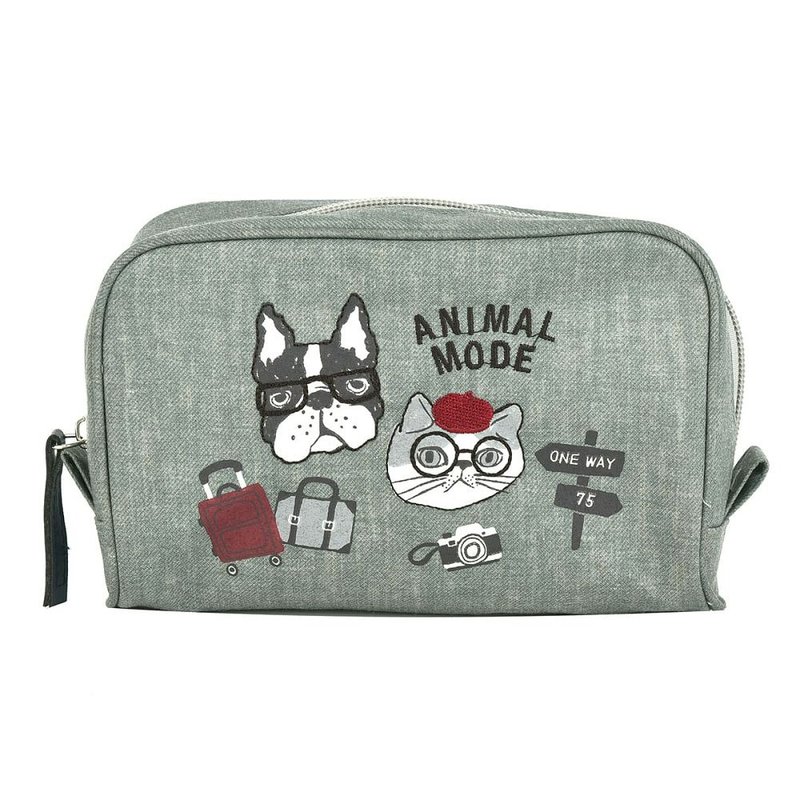Kusuguru Japan日本眼镜猫零钱手机包 帆布质感化妆包小物包-绿色 - 化妆包/杂物包 - 聚酯纤维 绿色