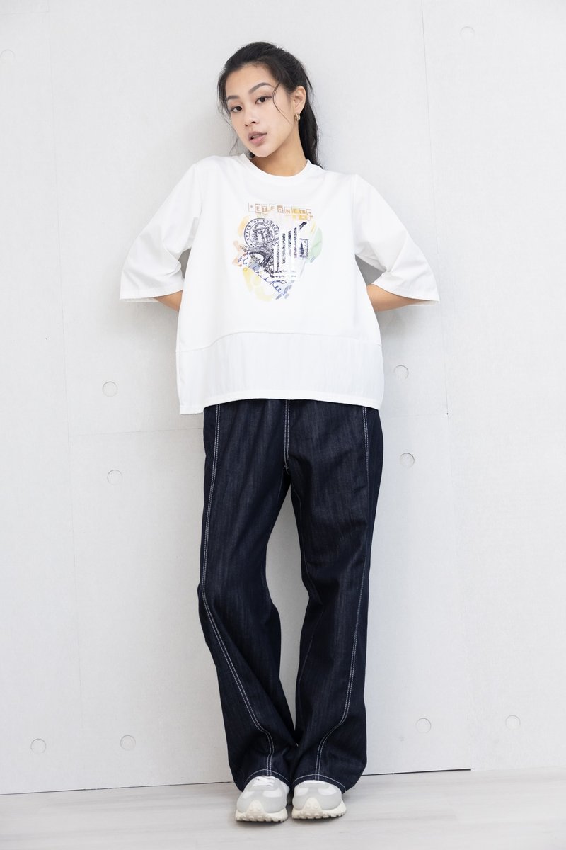 雷射印花异材质拼接上衣 白色 - 女装 T 恤 - 其他材质 白色