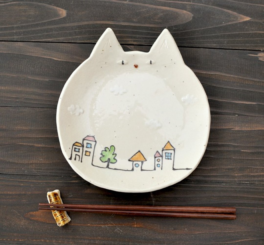 Nekozara  【clouds and city】 large plate - 盘子/餐盘/盘架 - 陶 白色