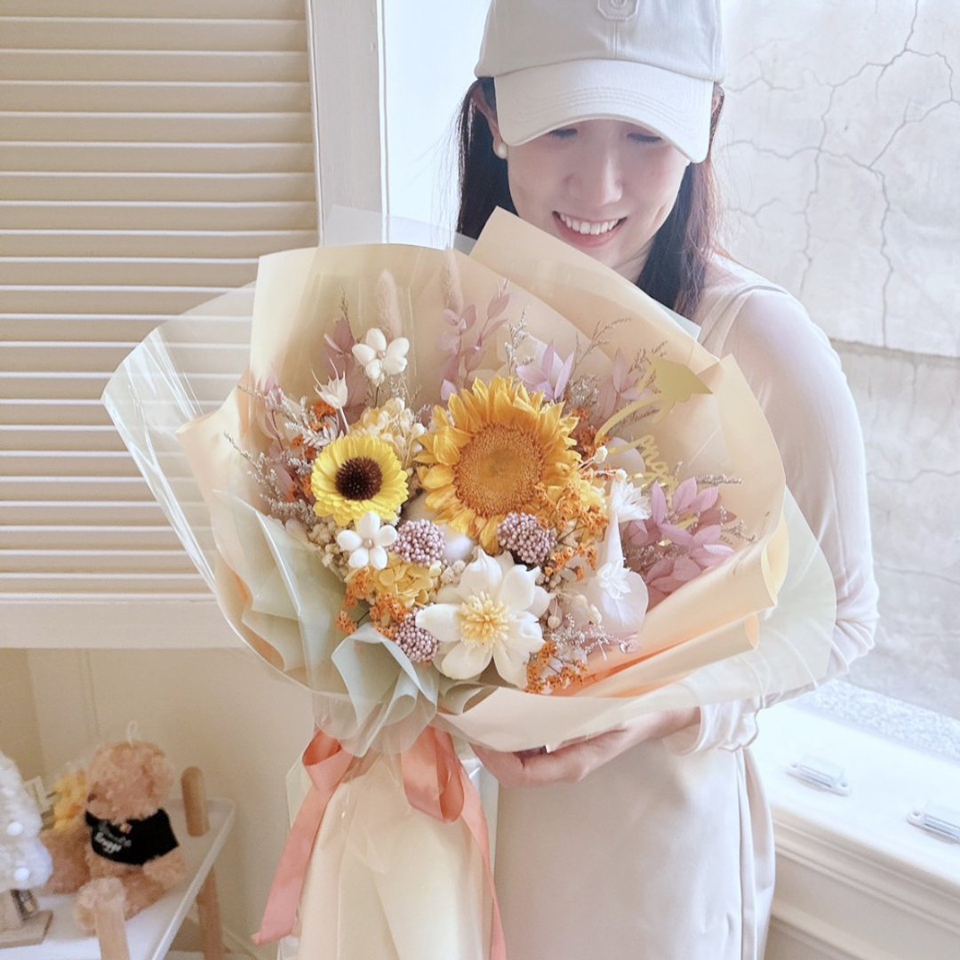 阳光色永生向日葵大花束 太阳花花束 向日葵花束 毕业花束 - 干燥花/捧花 - 植物．花 黄色