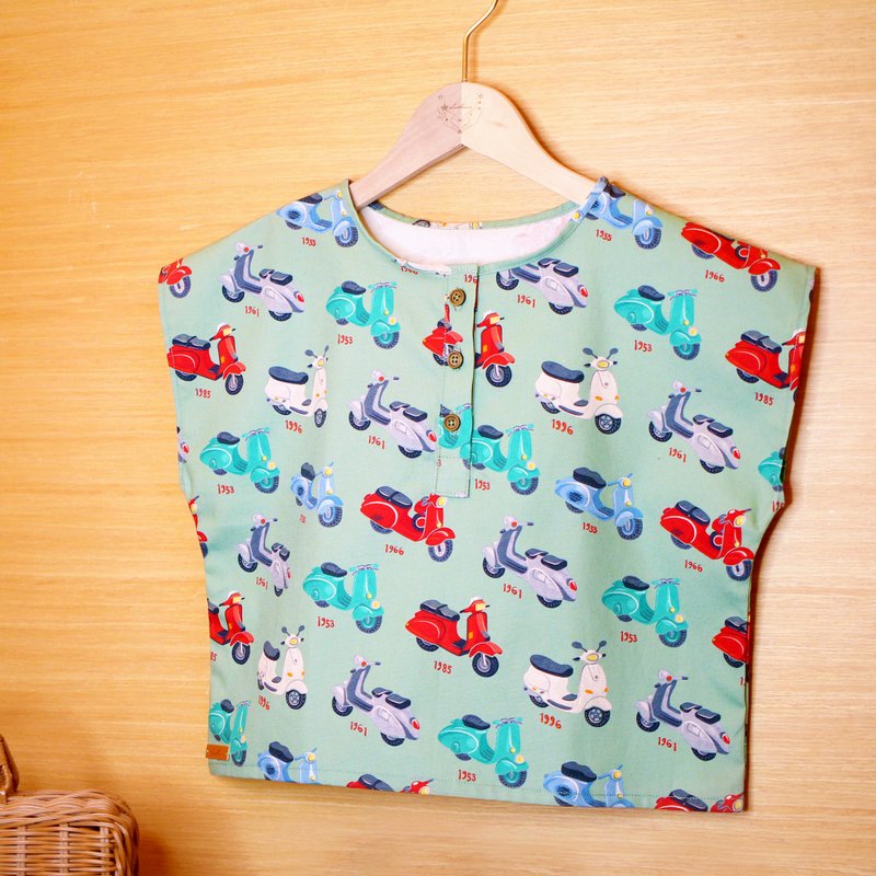 方块酥上衣-怀旧机车 童装小背心 手作透气无袖 夏天开学季热门款 - 童装上衣 - 棉．麻 绿色