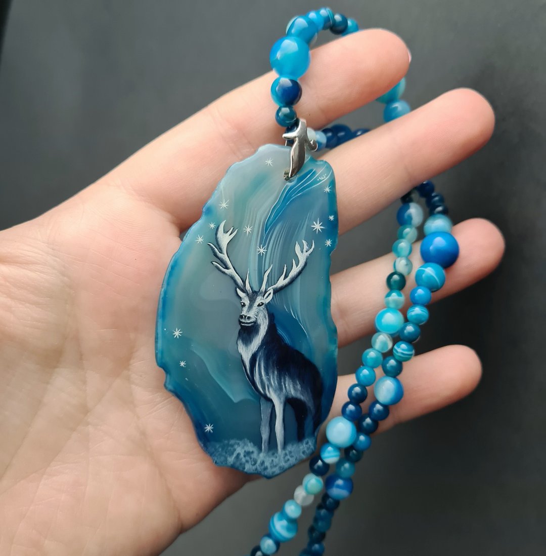 鹿项链 玛瑙项链 鹿真人油画 漆器微缩 - 项链 - 石头 蓝色