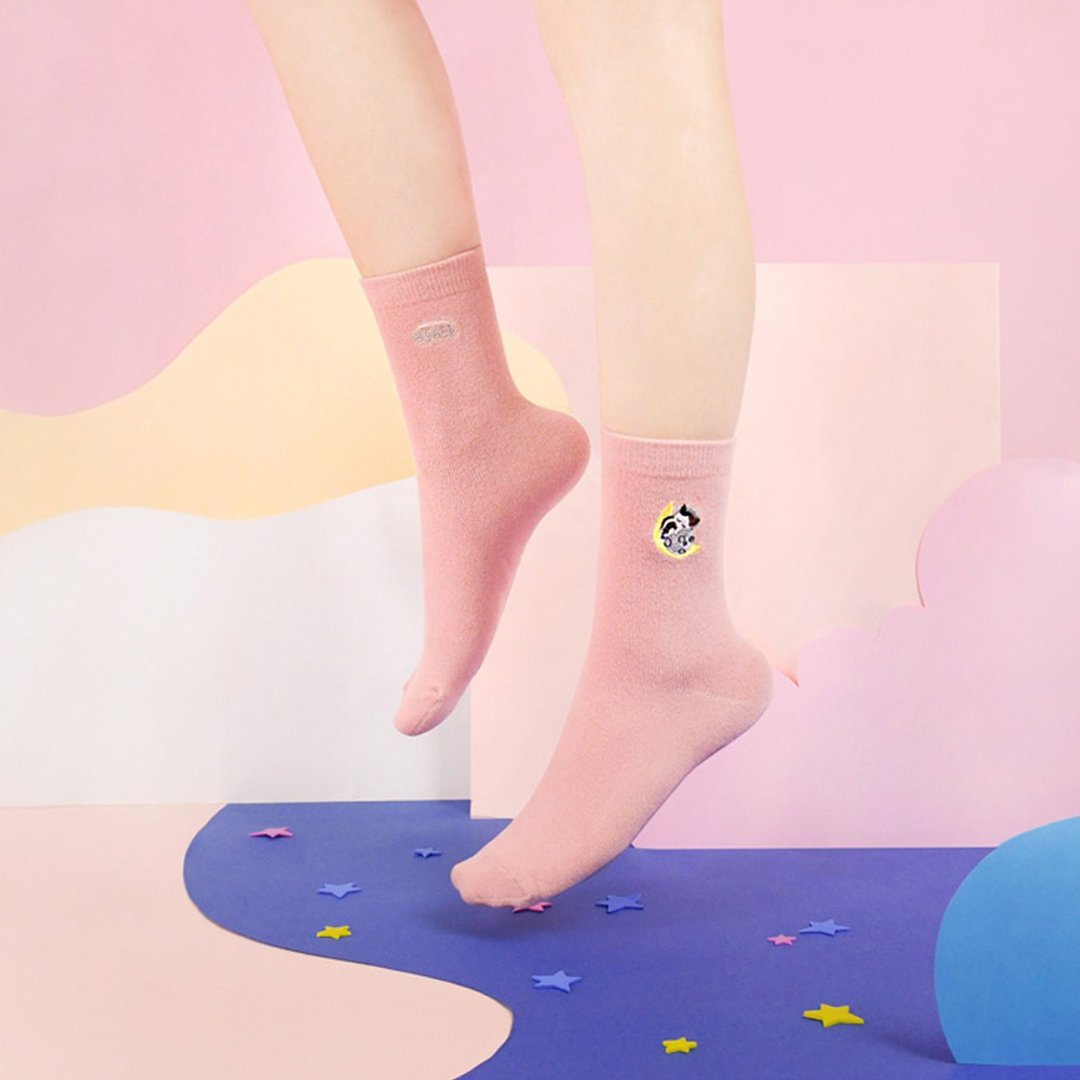 【月球小花猫】刺绣中筒袜 I 台湾原创设计袜子 / Z0009 - 袜子 - 棉 粉红色
