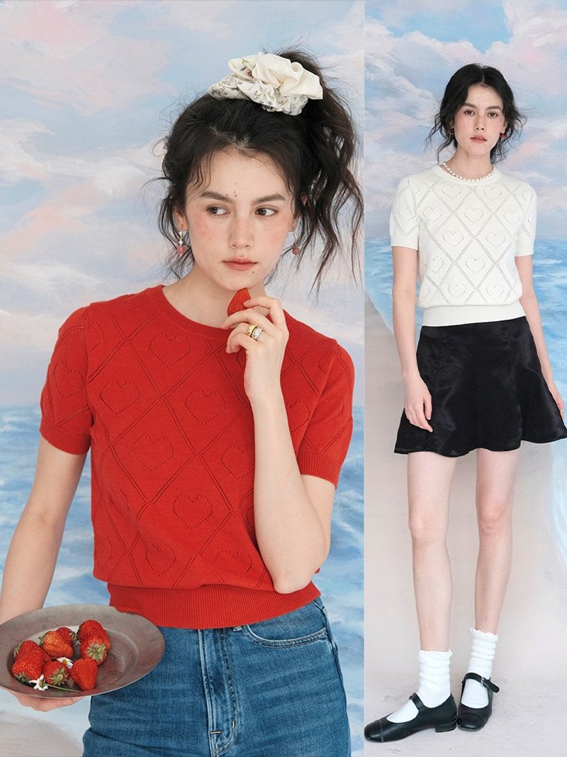 MintCheese 法式少女 夏日爱心镂空 棉线短袖针织 山茶红/柔白 - 女装 T 恤 - 棉．麻 