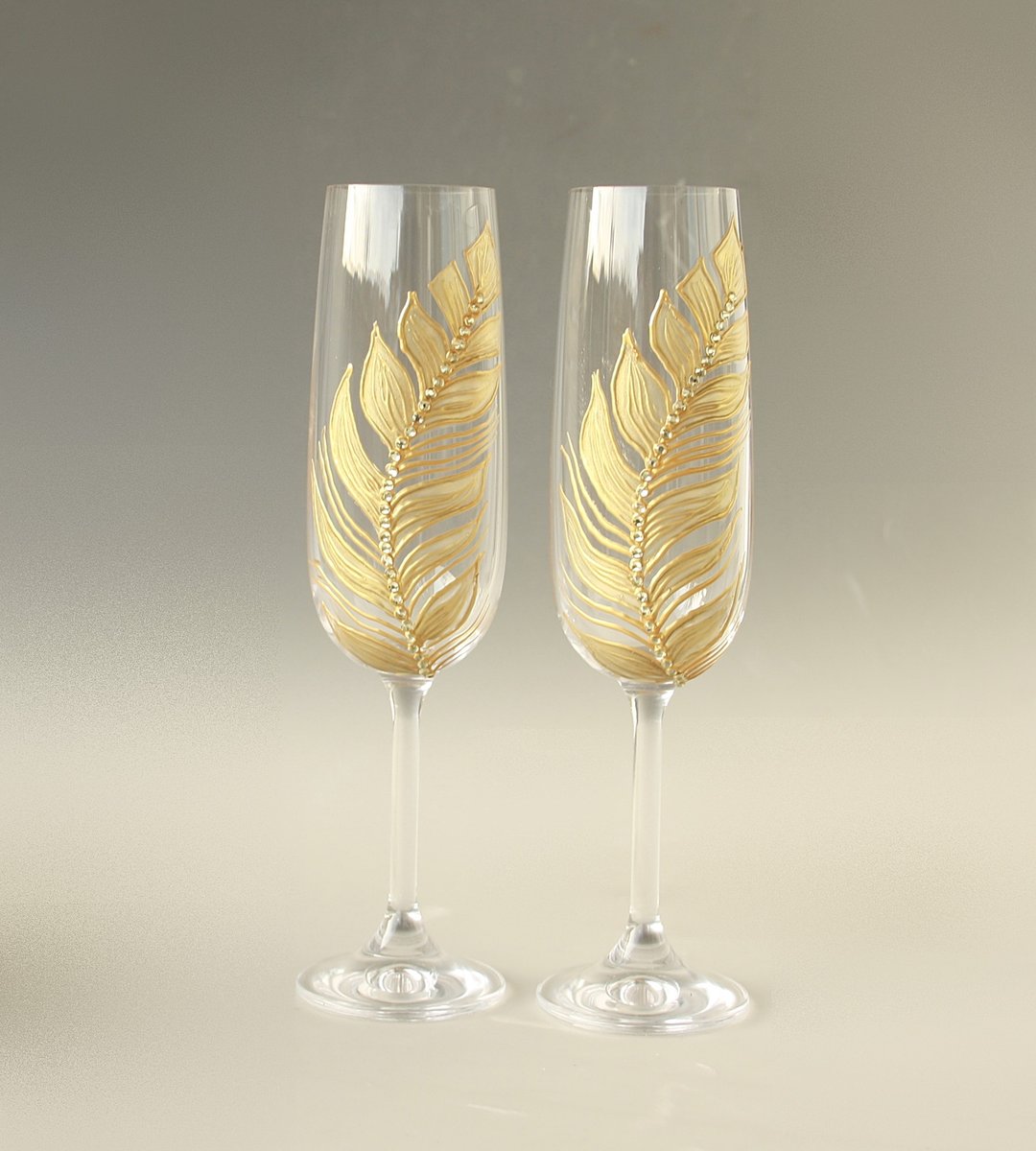 金色羽毛香槟杯结婚纪念日，2 件套手绘 - 酒杯/酒器 - 玻璃 金色