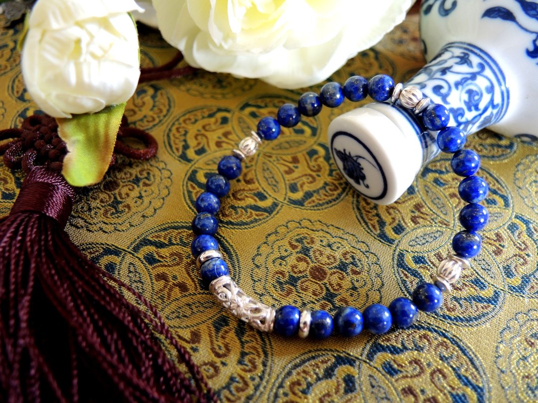 《Blue and white porcelain 青花瓷》古典东方青金石925纯银手链 - 手链/手环 - 宝石 蓝色