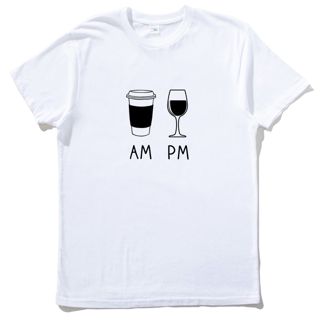 COFFEE AM WINE PM 男女短袖T恤 白色 咖啡 酒 礼物 设计 - 男装上衣/T 恤 - 棉 白色