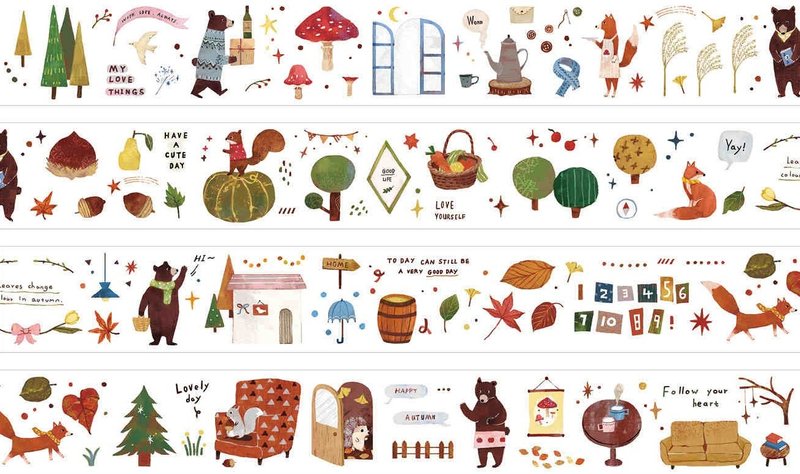 秋日童话 熊熊和森林好朋友們 塩系繪畫 PET 和紙膠帶 10米卷 - 纸胶带 - 其他材质 多色