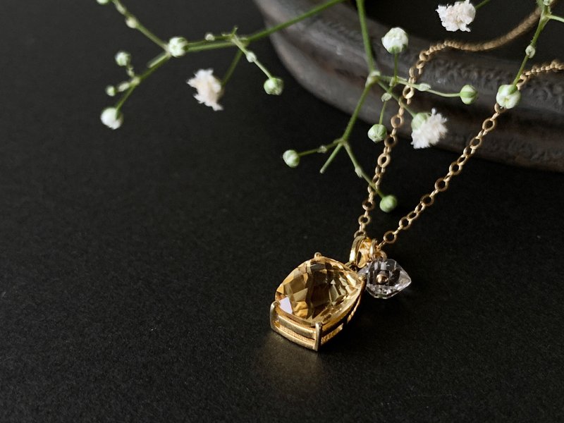 [April and 11 Birthstones] Citrine and Herkimer Diamond (Crystal) Necklace that Gives Courage and Wisdom (K14GF) - 项链 - 宝石 黄色