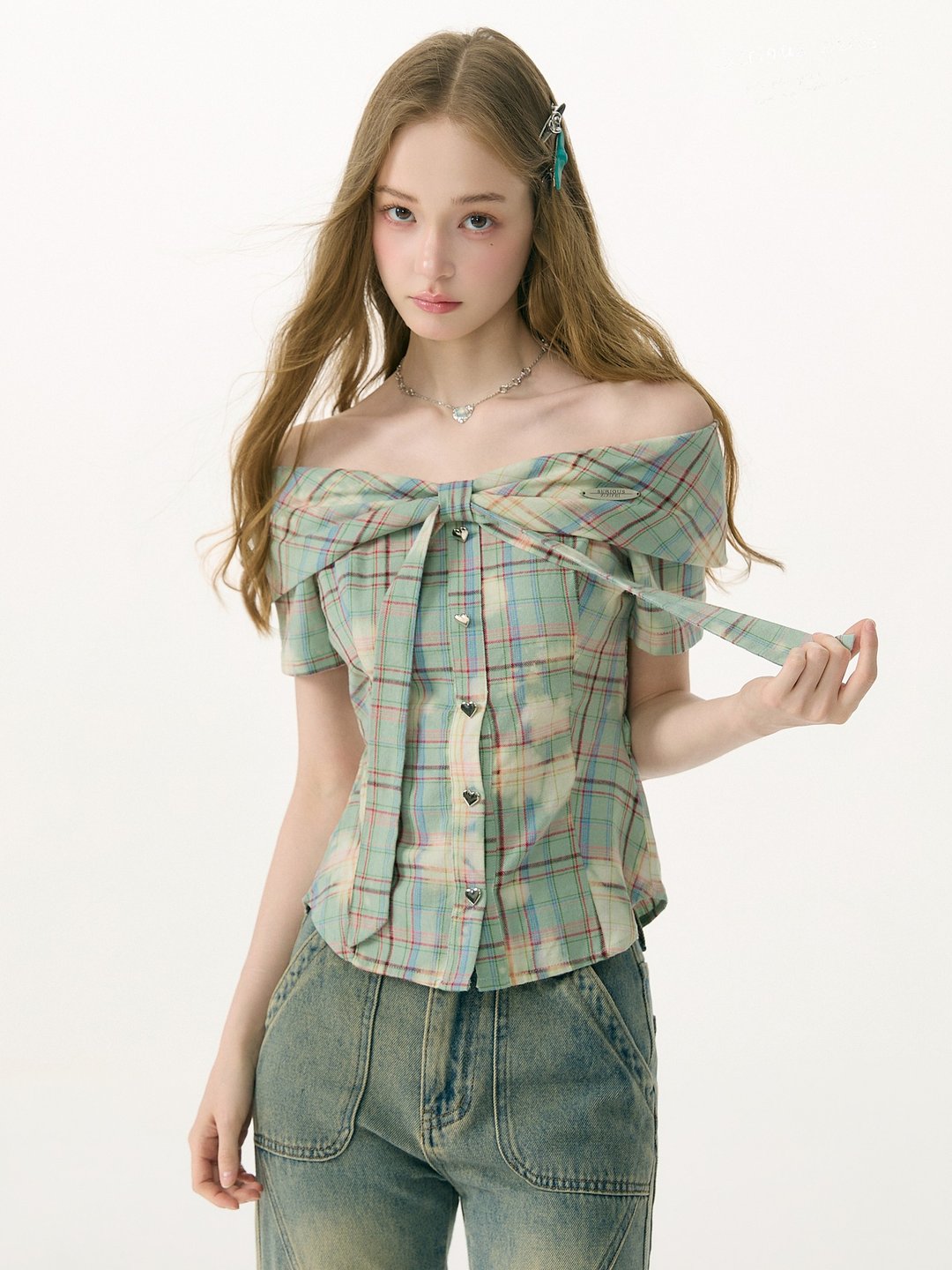 ziziFei''雾绿书简''夏设计感甜酷露肩上衣格纹复古感短袖衬衫女 - 女装衬衫 - 其他材质 绿色