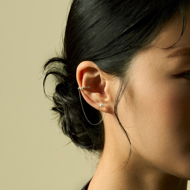 二重奏 珍珠银珠纯银耳骨夹 挂式耳环 - 耳环/耳夹 - 纯银 