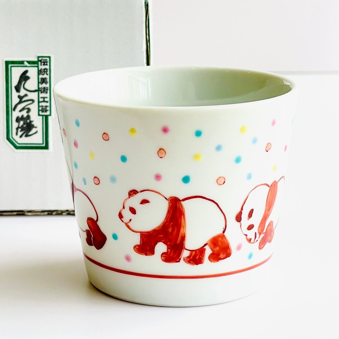 【精致手绘】九谷烧-猪口杯 赤绘熊猫 - 茶具/茶杯 - 瓷 白色