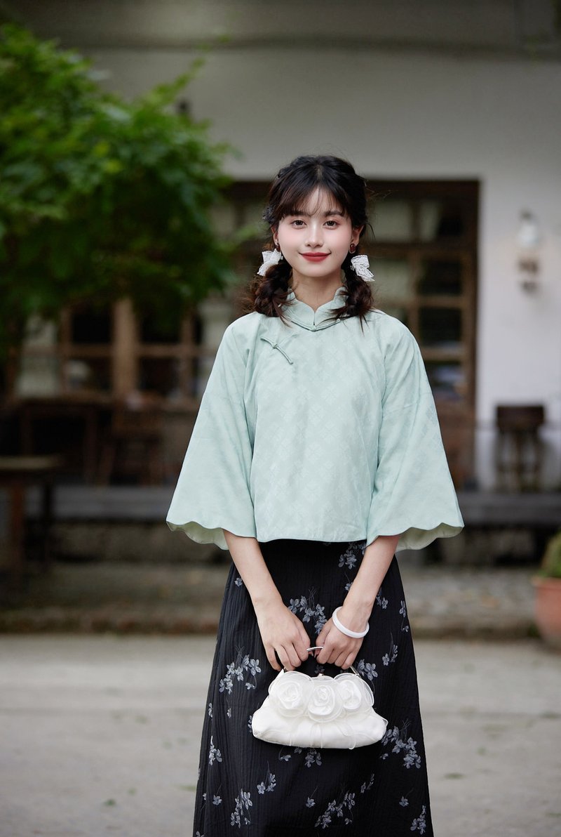 民國大小姐 淺綠色 暗紋提花中式倒大袖上衣 新中式民國風漢服 - 旗袍 - 聚酯纤维 绿色