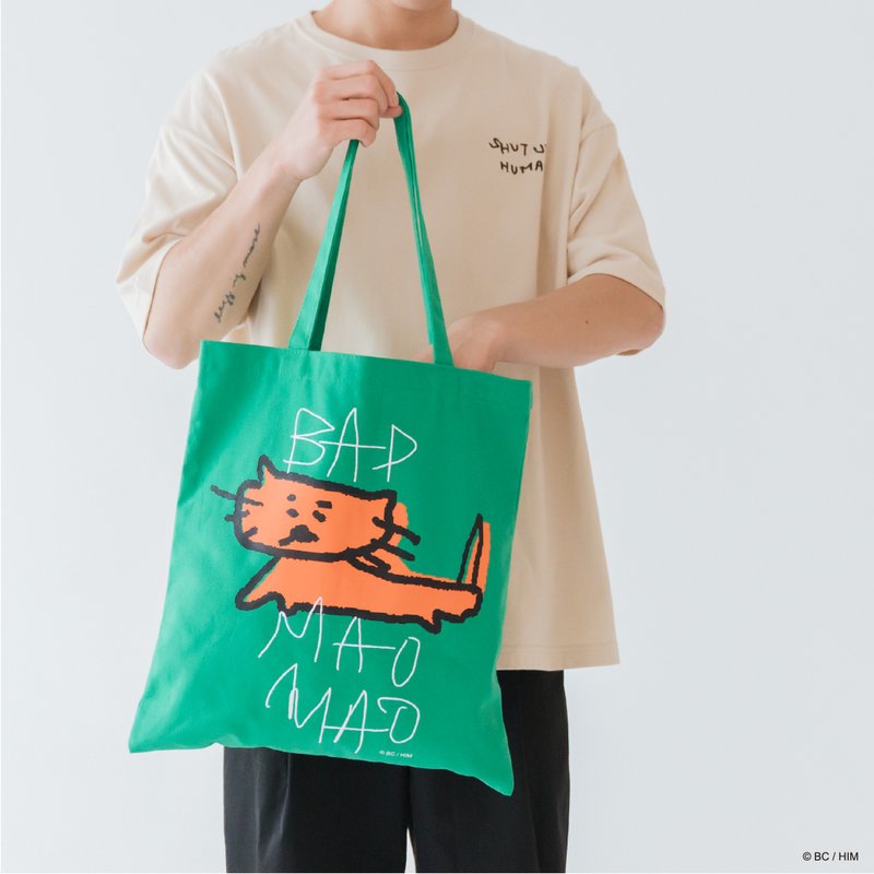 【慢慢挑 x 掰掰啾啾-左手画的坏猫猫托特包】 厚磅数硬挺材质 - 侧背包/斜挎包 - 其他人造纤维 绿色