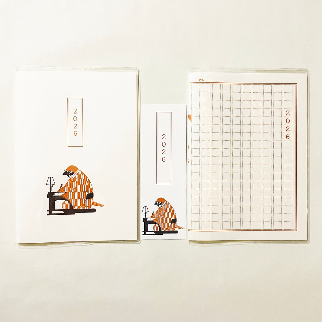 4月开始 2026年 文豪雀原稿纸 设计手帐 附两款插画封面及书签 B6 马年 十二生肖 文学作家 钢笔 鸟 动物 - 笔记本/手帐 - 纸 咖啡色