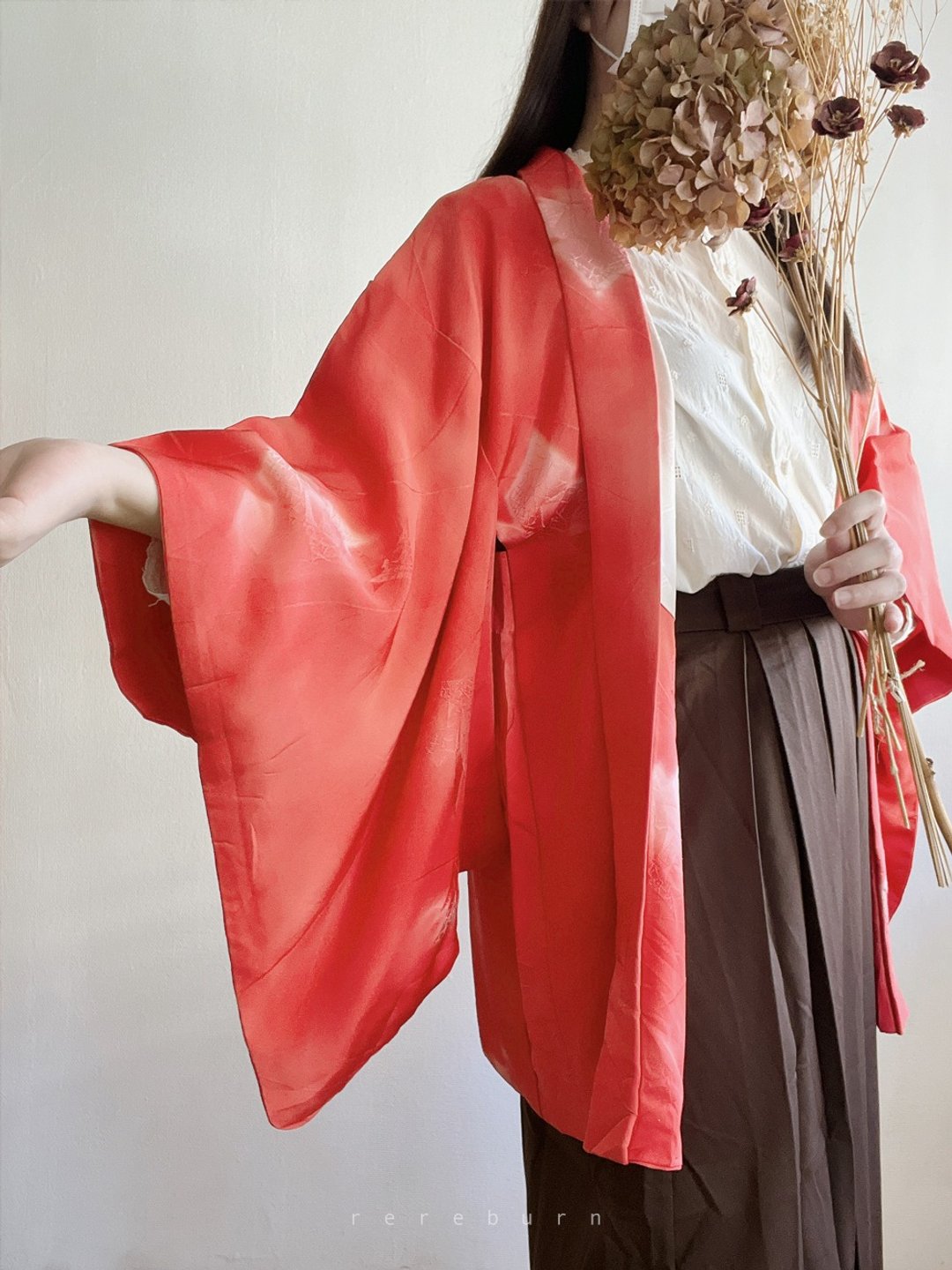 日本制和风印花橘红古着羽织和服外套 - 女装休闲/机能外套 - 聚酯纤维 红色