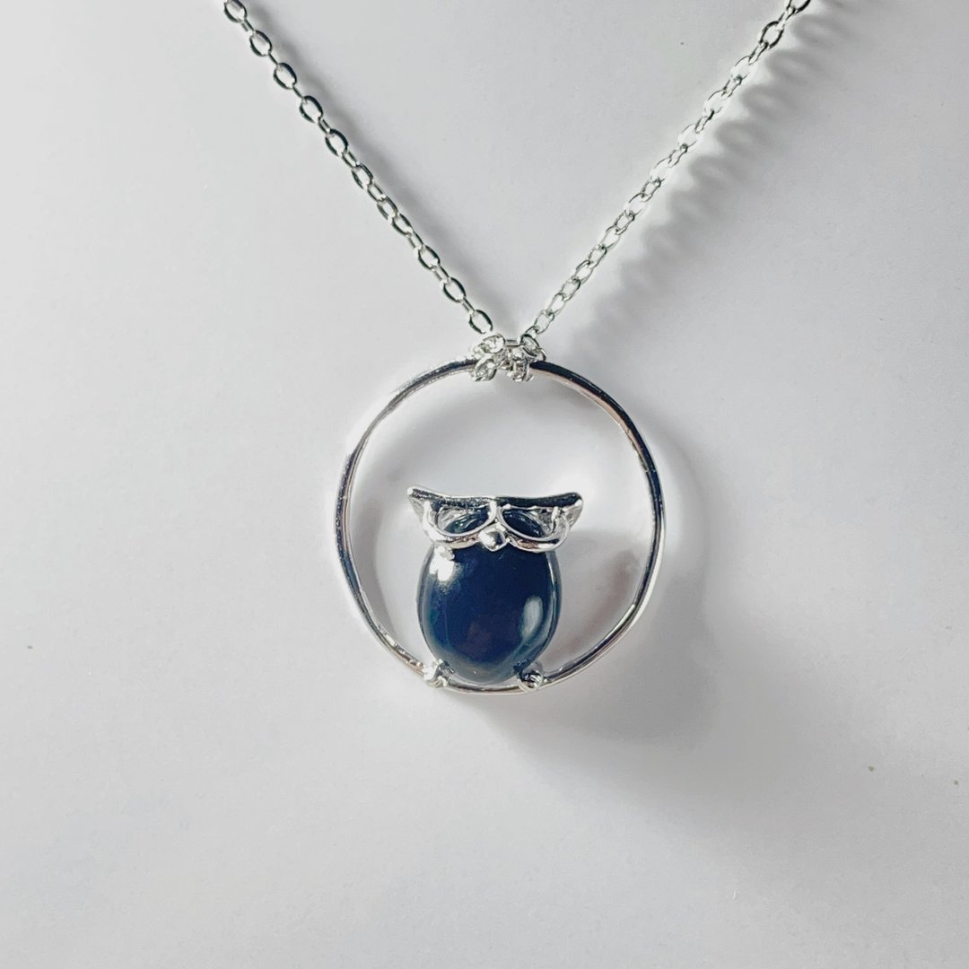 福气猫头鹰 玉 坠子 天然墨玉 8x10mm A货 925 纯银 项錬 礼物 - 项链 - 玉石 黑色