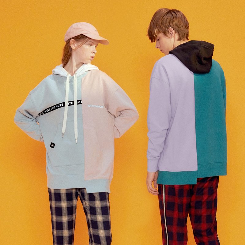 1+1组合 __中性款 拼接连帽T运动衫 - 中性连帽卫衣/T 恤 - 棉．麻 粉红色