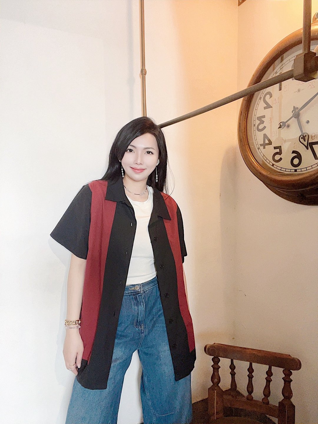 枣红x黑直条拼接衬衫 保龄球衫bowling shirt ボウリングシャツ - 女装衬衫 - 棉 多色