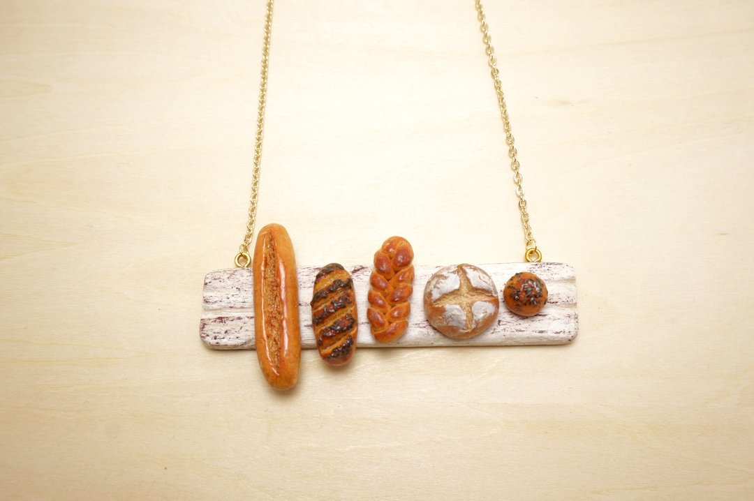 ｜PANE｜ 手工软陶黏土 低温泥 polymer clay 烘焙面包 电镀16k金 项链 - 项链 - 粘土 咖啡色