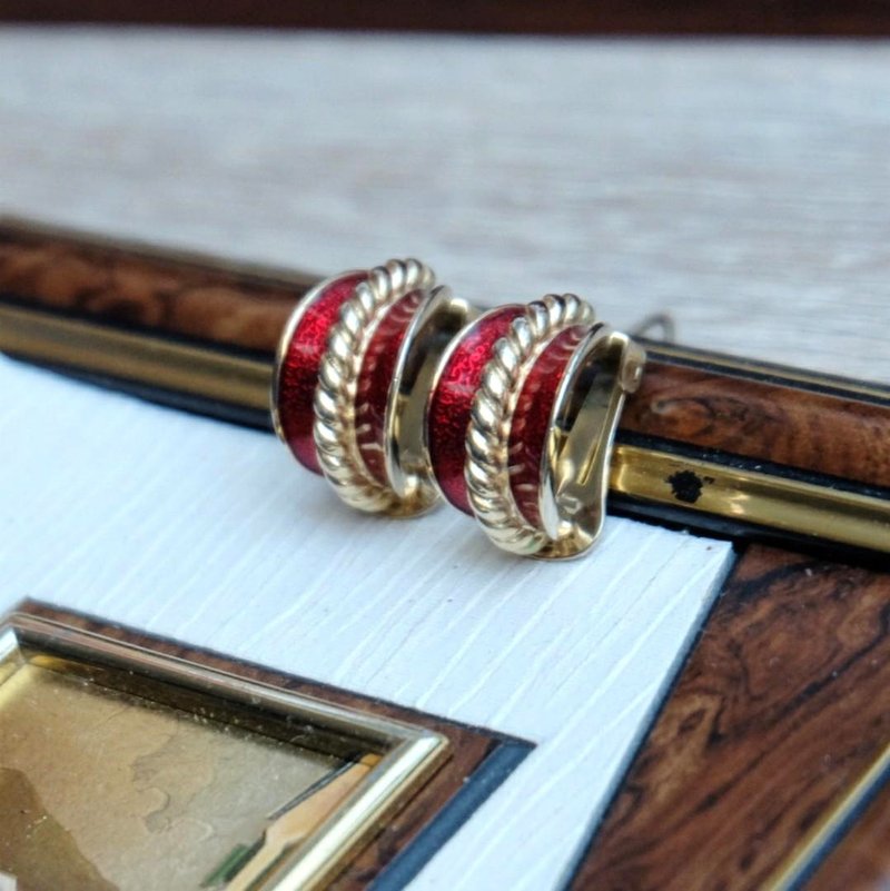 法国复古深红色金属耳夹 - 耳环/耳夹 - 其他金属 红色