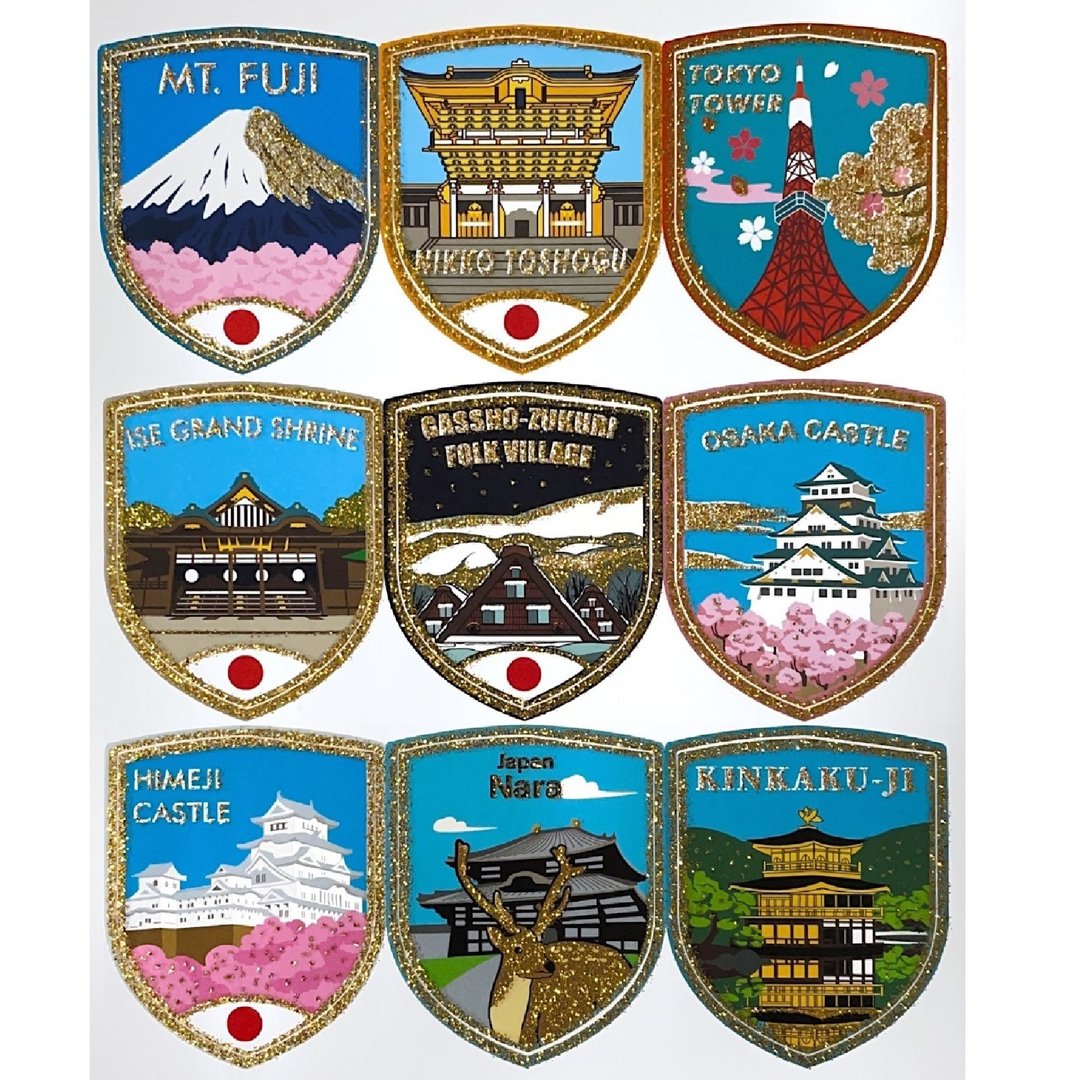 征服世界系列一套9入 镀金高级日本贴纸 富士山贴纸 合掌村贴 - 贴纸 - 纸 多色