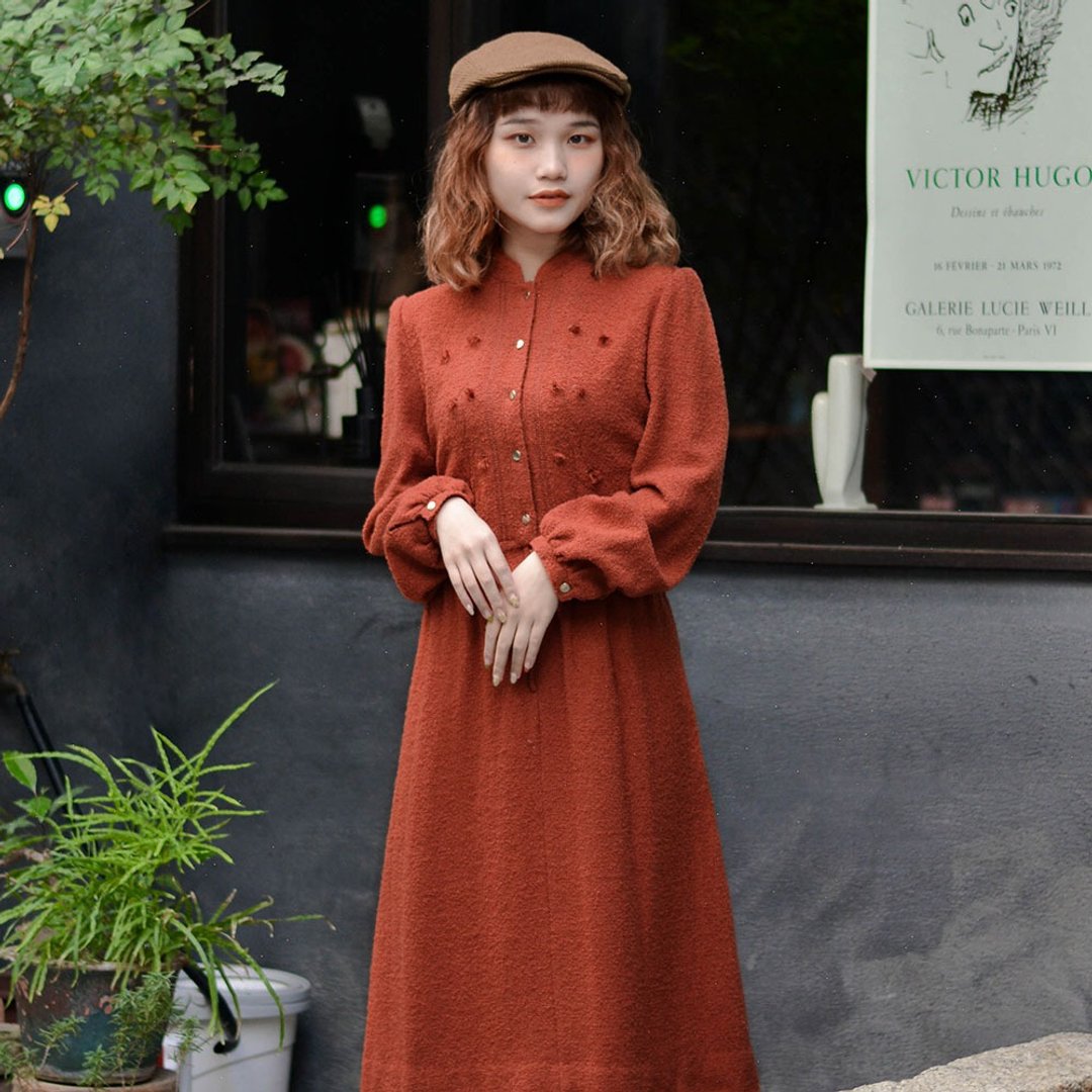 柿子 | 毛料古着长袖洋服 - 洋装/连衣裙 - 其他材质 