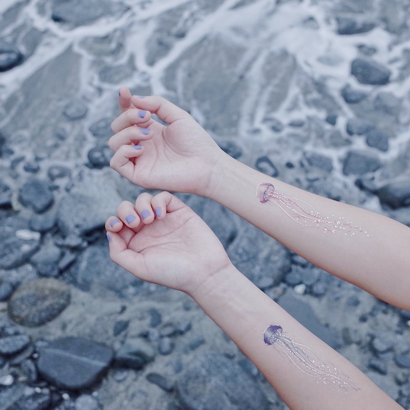 晶透水母-2入紋身貼紙 原創手繪設計 - 纹身贴 - 纸 蓝色