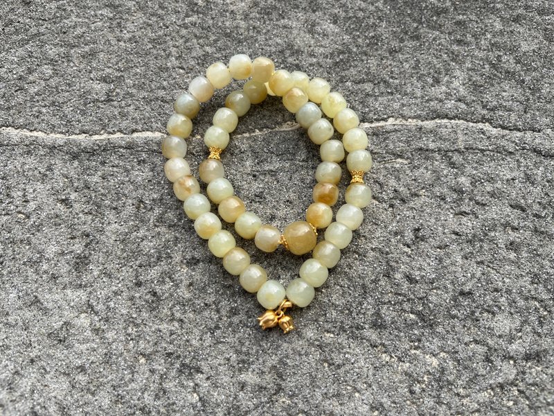 7mm天然和田玉/和阗玉-新疆糖白玉 925银玉兰花设计双圈手串m - 手链/手环 - 玉石 咖啡色