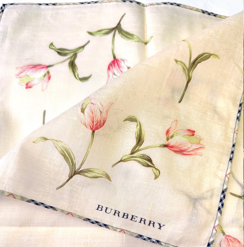 Burberry 古董手帕 郁金香 - 格纹边缘 23 x 22.5 英寸 - 手帕/方巾 - 棉．麻 粉红色