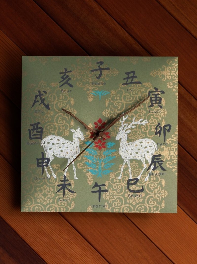 【日本直送】京唐纸悠久时钟丨鹿 白/绿/正方形 297×297mm_O-026 - 时钟/闹钟 - 纸 