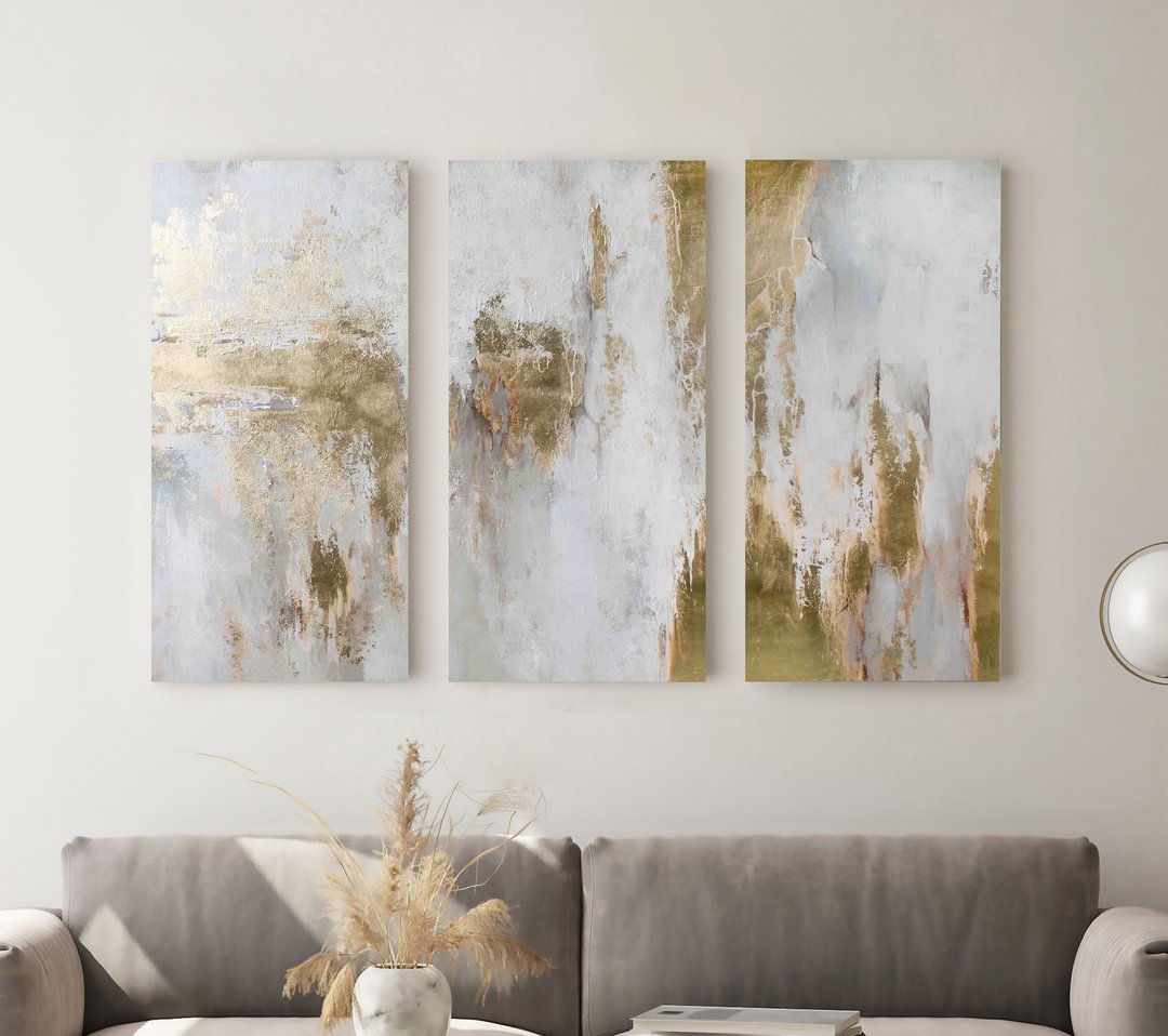 金色白色绘画 | 三联画 金色抽象 | 金色绘画 |Cascade 8 三联画 - 墙贴/壁贴 - 棉 金色