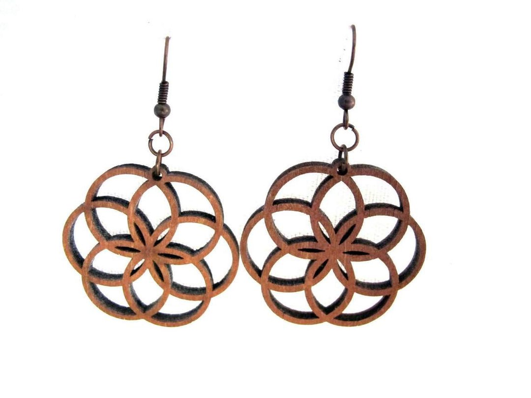 Wooden Lotus Earrings - Seed of Life - Sacred Geometry Earrings - 耳环/耳夹 - 木头 咖啡色