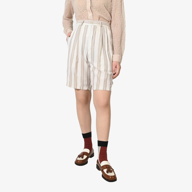 【蛋植物古着】月步条纹棉质高腰古着短裤 - 女装短裤 - 其他人造纤维 