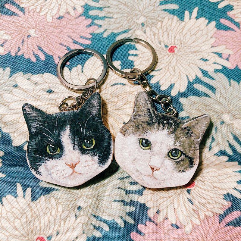 手绘猫形定制化钥匙圈钥匙圈・专属宠物礼物・随身饰品 - 钥匙链/钥匙包 - 木头 多色
