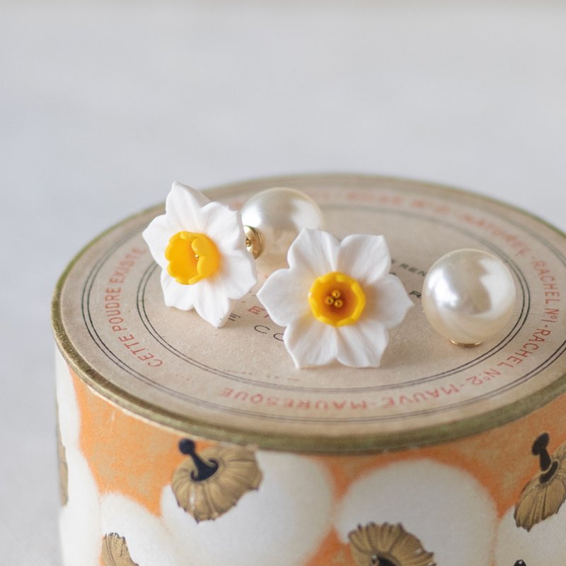 水仙 珍珠 软陶耳环 / 耳针 / 耳夹 - 耳环/耳夹 - 粘土 白色