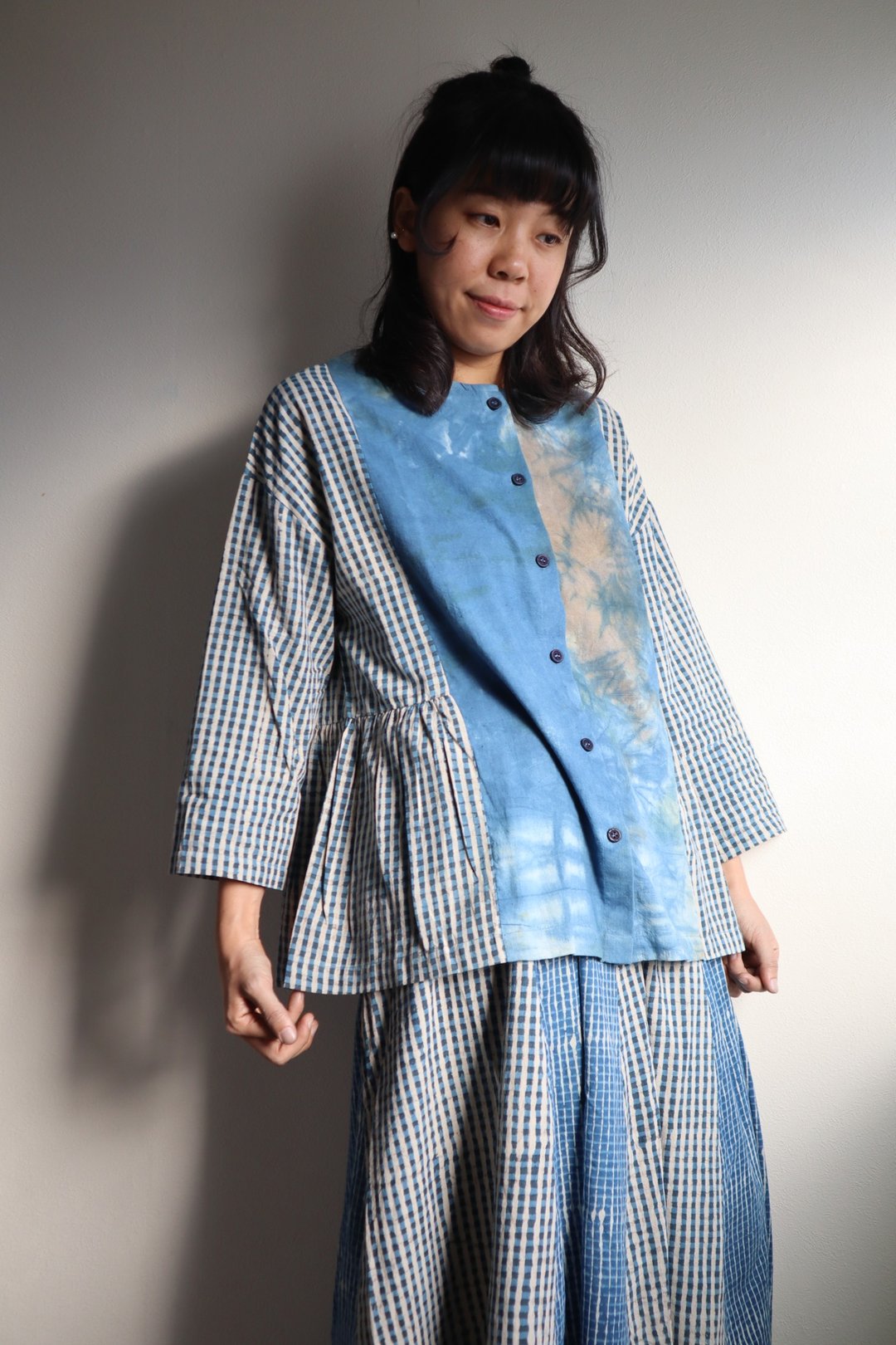 双色衬衫 - 女装衬衫 - 棉 蓝色