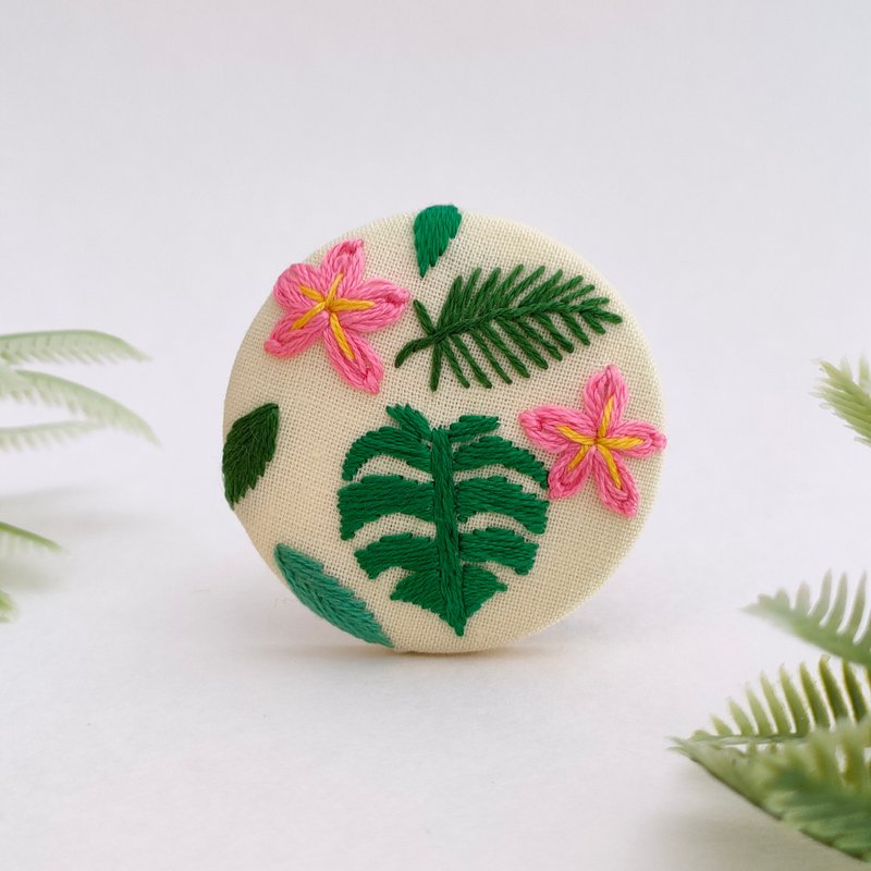 夏威夷植物风刺绣胸针 - 胸针 - 棉．麻 绿色