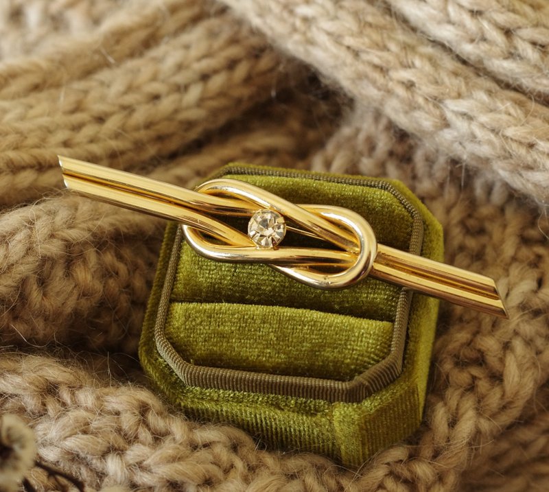 古董金色纽结编织莱茵石别针胸针心口针 B1640 - 胸针 - 其他金属 金色