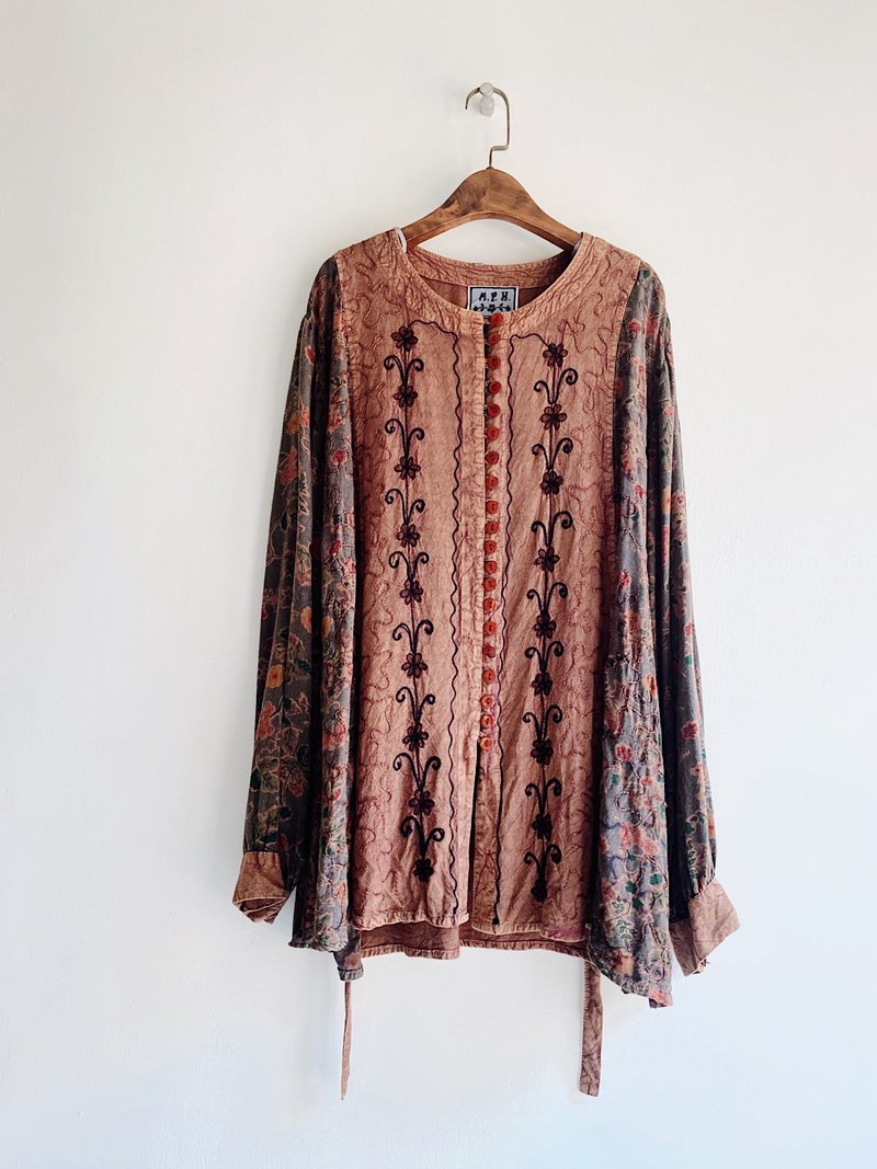 土橘民俗排扣刺绣后绑带古着丝质衬衫上衣vintage Shirt oversize - 女装上衣 - 丝．绢 橘色
