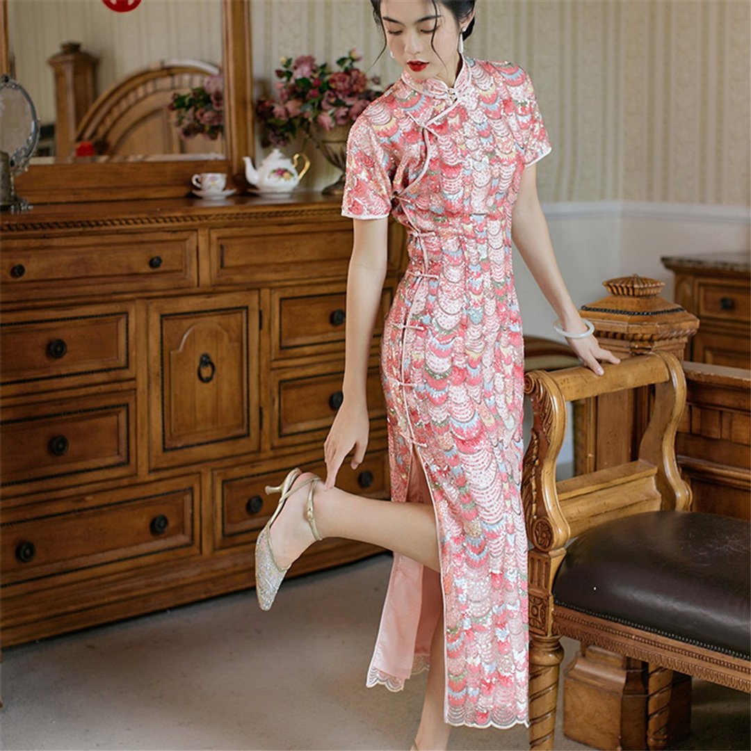 粉紅色 胭脂 重工珠片蕾絲開襟晚宴旗袍 婚宴結婚新娘洋裝禮物 - 旗袍 - 聚酯纤维 粉红色
