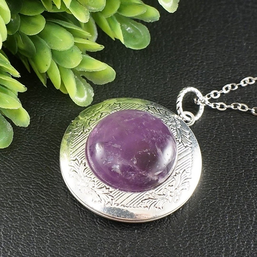 Amethyst Photo Locket Lilac Purple Violet Lavender Pendant Necklace Jewelry Gift - 项链 - 宝石 紫色