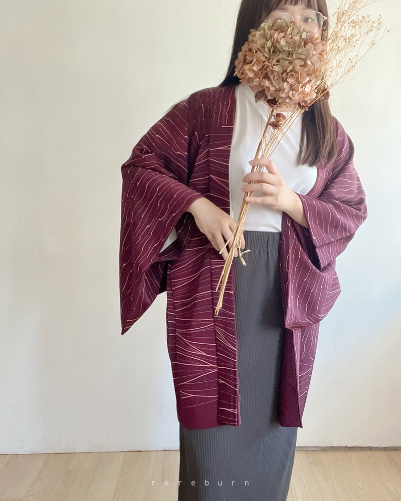 日本制和风印花紫色长版薄款古着羽织和服外套 - 女装休闲/机能外套 - 聚酯纤维 紫色