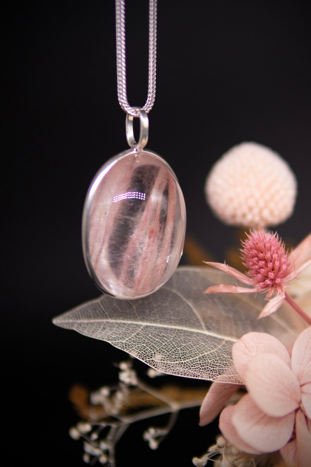 超稀有粉兔毛水晶吊坠 银项链 增加魅力 提升自信 旺桃花 助人际 - 项链 - 水晶 