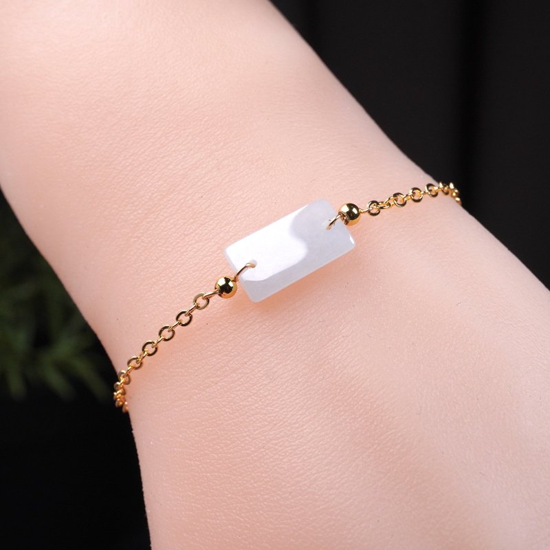 【愿·无事】冰种无事牌手链14K包金 | 天然缅甸翡翠A货 | 送礼 - 手链/手环 - 玉石 白色