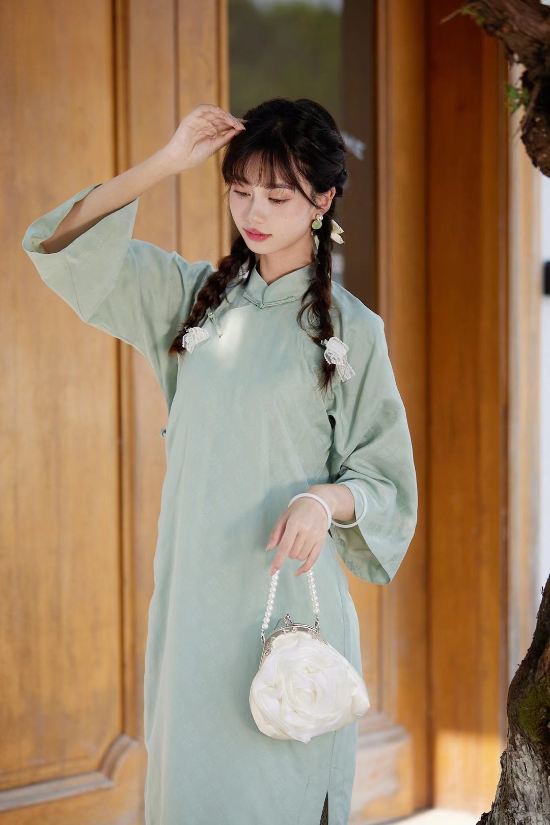 淺綠色 少女七分袖旗袍 新中式國風春節改良洋裝連身裙 - 旗袍 - 其他人造纤维 绿色